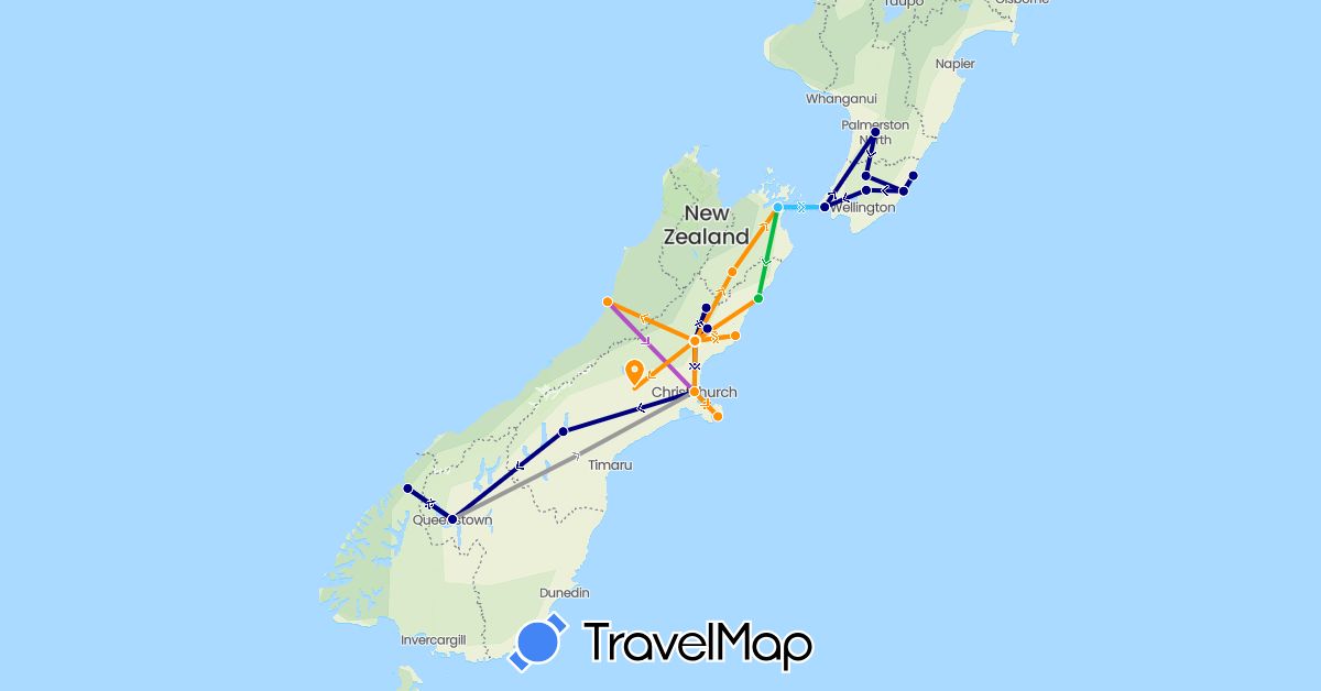 TravelMap itinerary: driving, bus, plane, train, boat, hitchhiking in New Zealand (Oceania)